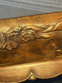 A Chinese Huanghuali wood coffin-shaped offering box and cover with mountainous landscape design, 17/18th C.