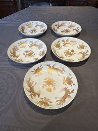 Five Chinese gilt-decorated eggshell porcelain 'phoenix' plates, Yongzheng