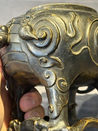 A fine Chinese bronze luduan-form censer and cover, Ming