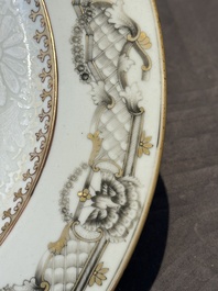 A Chinese bianco sopra bianco Belgian market armorial dish and a famille rose Dutch market armorial plate, Qianlong