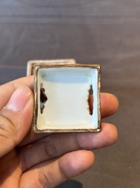A Chinese famille rose covered seal paste box and a square famille verte covered censer, Qianlong mark, 19th C.