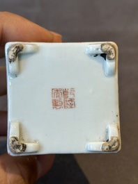 A Chinese famille rose covered seal paste box and a square famille verte covered censer, Qianlong mark, 19th C.