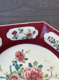 A Chinese octagonal famille rose ruby border plate with a flower basket, Yongzheng