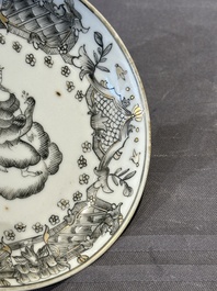 Four Chinese grisaille cups and saucers and a plate with blue-enamelled border, Qianlong