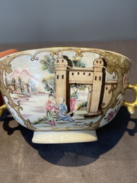 A Chinese Canton famille rose bowl and cover with figures in a landscape, Qianlong