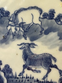 A square Chinese blue and white 'three rams' jardiniere, 19th C.