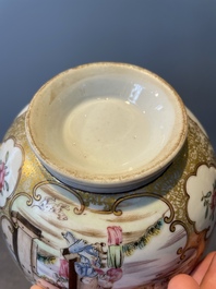 A Chinese Canton famille rose bowl and cover with figures in a landscape, Qianlong