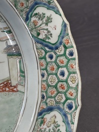 A Chinese famille verte 'river landscape' dish, artemisia leaf mark, Kangxi
