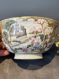 A Chinese Canton famille rose bowl and cover with figures in a landscape, Qianlong