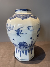 A Chinese octagonal blue and white 'birds and flowers' vase, Transitional period