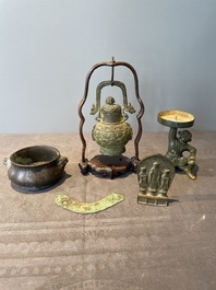 A varied collection of five Chinese bronze objects, 4th C. B.C./15th C.