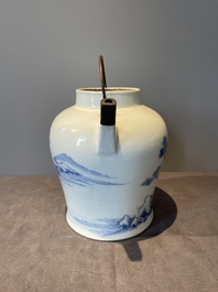A fine Chinese blue and white 'Bleu de Hue' 'landscape' teapot with bronze mount, Chenghua mark, 18/19th C.