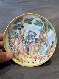 A Chinese famille rose 'Don Quixote' cup and saucer, 18/19th C.