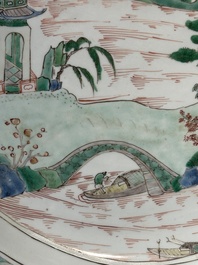 A Chinese famille verte 'river landscape' dish, artemisia leaf mark, Kangxi