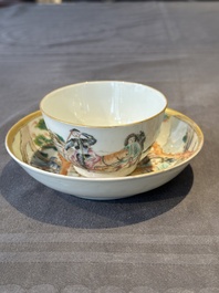 A Chinese famille rose 'Don Quixote' cup and saucer, 18/19th C.