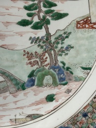 A Chinese famille verte 'river landscape' dish, artemisia leaf mark, Kangxi
