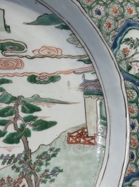 A Chinese famille verte 'river landscape' dish, artemisia leaf mark, Kangxi