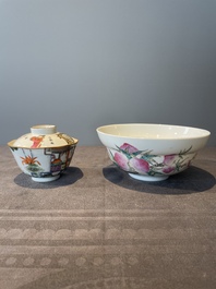 A Chinese famille rose 'nine peaches' bowl and a 'Wu Shuang Pu' covered bowl, Qianglong and Tongzhi mark, 19th C.