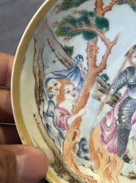 A Chinese famille rose 'Don Quixote' cup and saucer, 18/19th C.