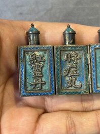 A pair of four-fold Chinese enamelled and engraved silver medicine bottles, 19th C.