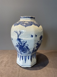 A Chinese octagonal blue and white 'birds and flowers' vase, Transitional period