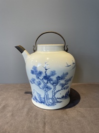 A fine Chinese blue and white 'Bleu de Hue' 'landscape' teapot with bronze mount, Chenghua mark, 18/19th C.