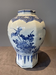 A Chinese octagonal blue and white 'birds and flowers' vase, Transitional period