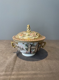 A Chinese Canton famille rose bowl and cover with figures in a landscape, Qianlong
