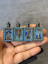 A pair of four-fold Chinese enamelled and engraved silver medicine bottles, 19th C.