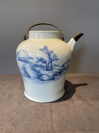 A fine Chinese blue and white 'Bleu de Hue' 'landscape' teapot with bronze mount, Chenghua mark, 18/19th C.