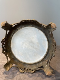 A large Chinese monochrome pink-glazed 'gu' vase with bronze mounts, 19/20th C.