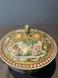 A Chinese Canton famille rose bowl and cover with figures in a landscape, Qianlong
