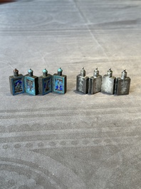 A pair of four-fold Chinese enamelled and engraved silver medicine bottles, 19th C.
