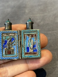 A pair of four-fold Chinese enamelled and engraved silver medicine bottles, 19th C.