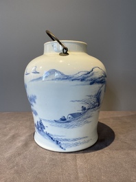 A fine Chinese blue and white 'Bleu de Hue' 'landscape' teapot with bronze mount, Chenghua mark, 18/19th C.