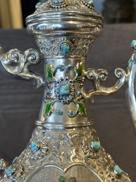 A rare Chinese silver, enamel and hardstone coffee set with matching tray, 20th C.