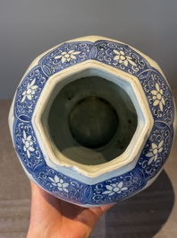 A Chinese octagonal blue and white 'birds and flowers' vase, Transitional period