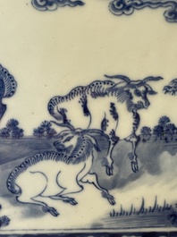 A square Chinese blue and white 'three rams' jardiniere, 19th C.