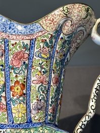 A Chinese Canton enamel helm-shaped ewer with shell-shaped basin, Yongzheng/Qianlong