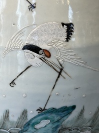 A pair of Chinese famille rose vases with cranes, 19th C.