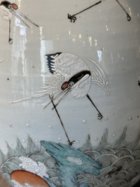 A pair of Chinese famille rose vases with cranes, 19th C.