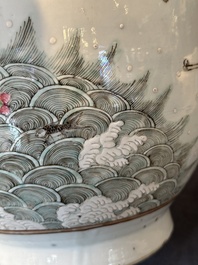 A pair of Chinese famille rose vases with cranes, 19th C.