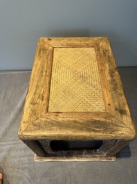 A Chinese rectangular huanghuali wooden stool with 'chilong' design, 17/18th C.