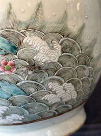 A pair of Chinese famille rose vases with cranes, 19th C.