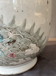 A pair of Chinese famille rose vases with cranes, 19th C.