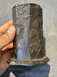 A Chinese tixi lacquer brush pot, 'bitong', Ming