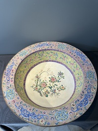 An exceptionally large Chinese Canton enamel basin with floral design, Yongzheng