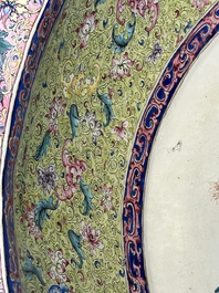 An exceptionally large Chinese Canton enamel basin with floral design, Yongzheng