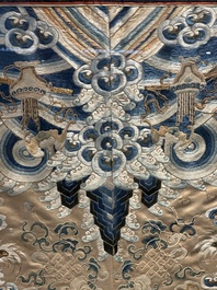 A large rectangular Chinese gold thread-embroidered silk panel decorated with four four-clawed dragons, Qing