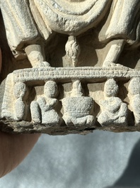 A Gandhara grey schist sculpture of the Bodhisattva Maitreya, a sculpture of a master with a child and a fragment of a divinity, 1/5th C.